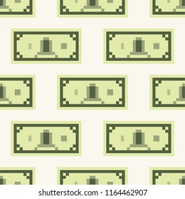 Dollar banknote cash pattern, seamless, tile, background pixel art cartoon retro game style