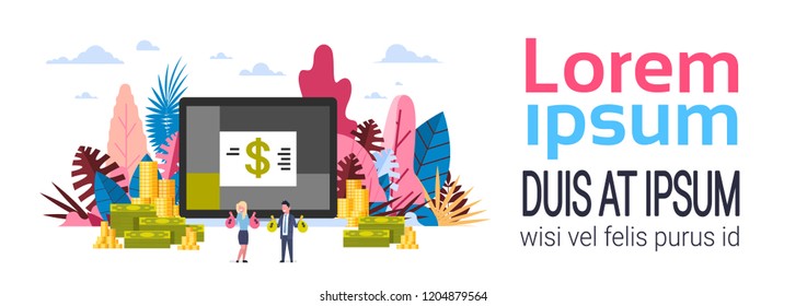 dollar banknote coin stack background man and woman hand hold money bag wealth growth concept flat copy space vector illustration