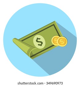 dollar banknote with coins flat icon