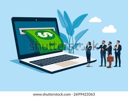 Dollar banknote coming out laptop. Earnings on the Internet, E-commerce, Internet Marketing.  Online Savings. Vector flat illustration
