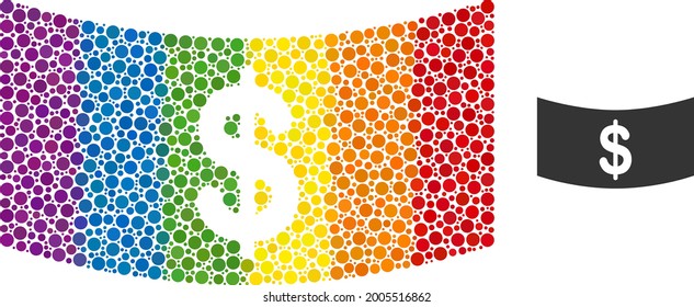 Dollar banknote composition icon of round items in different sizes and rainbow colored color tinges. A dotted LGBT-colored dollar banknote for lesbians, gays, bisexuals, and transgenders.