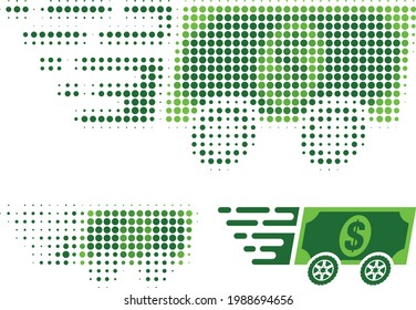 Dollar banknote express halftone dotted icon. Halftone pattern contains round pixels. Vector illustration of dollar banknote express icon on a white background.