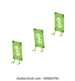 Dollar banknote going in white background. Money bill with stepping. Cute cartoon character set. Isolated.