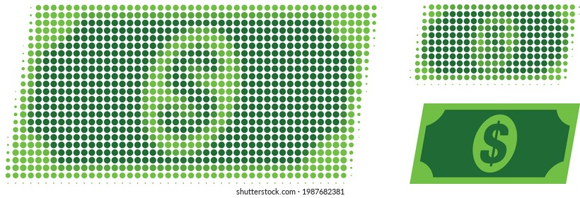 Icono de punto medio de los billetes en dólares. La matriz de semitono contiene puntos de círculo. Ilustración vectorial del icono del billete en dólares sobre un fondo blanco.
