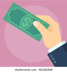 Dollar banknote in the hand giving a cache. Flat design vector concept.