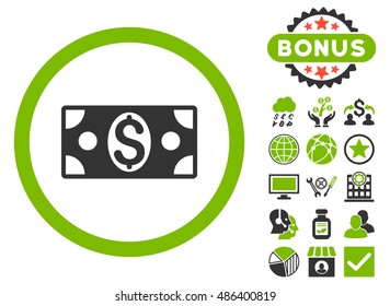 Dollar Banknote icon with bonus design elements. Vector illustration style is flat iconic bicolor symbols, eco green and gray colors, white background.