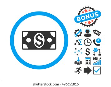 Dollar Banknote icon with bonus design elements. Vector illustration style is flat iconic bicolor symbols, blue and gray colors, white background.