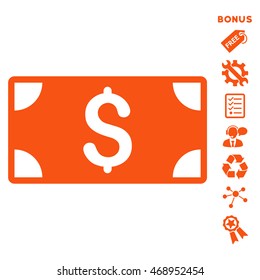 Dollar Banknote icon with bonus pictograms. Vector illustration style is flat iconic symbols, orange color, white background, rounded angles.