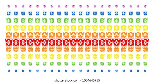 Dollar Banknote icon rainbow colored halftone pattern. Vector symbols organized into halftone matrix with vertical rainbow colors gradient. Constructed for backgrounds, covers,