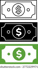 Dollar Banknote Icon Set Cash Money Currency Payment Finance Bill Outline Glyph And Flat Vector Illustration