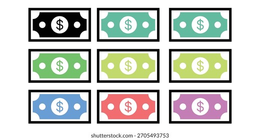 Conjunto de iconos de billetes de dólar con contorno: Colección de Vector plano de letras de dinero coloridas para transacciones financieras y conceptos de flujo de efectivo