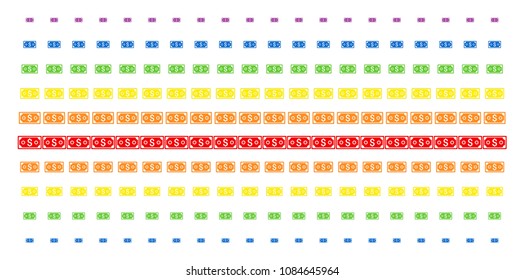 Dollar Banknote icon spectrum halftone pattern. Vector symbols arranged into halftone array with vertical spectral gradient. Constructed for backgrounds, covers, templates and abstract effects.