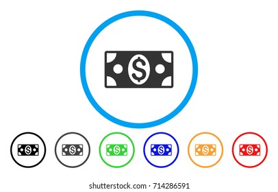 Dollar Banknote icon. Vector illustration style is a flat iconic dollar banknote grey rounded symbol inside light blue circle with black, gray, green, blue, red, orange color additional versions.