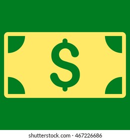 Dollar Banknote icon. Vector style is flat iconic symbol with rounded angles, yellow color, green background.