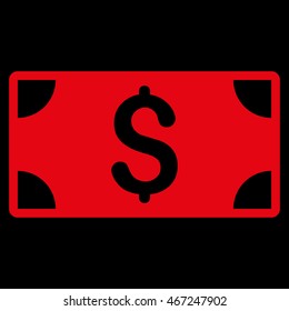 Dollar Banknote icon. Vector style is flat iconic symbol with rounded angles, red color, black background.