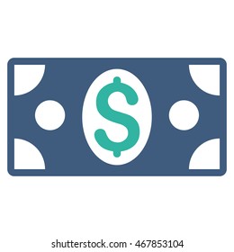 Dollar Banknote icon. Vector style is bicolor flat iconic symbol with rounded angles, cobalt and cyan colors, white background.