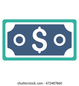 Dollar Banknote icon. Vector style is bicolor flat iconic symbol with rounded angles, cobalt and cyan colors, white background.