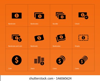 Dollar Banknote icons on orange background. Vector illustration.