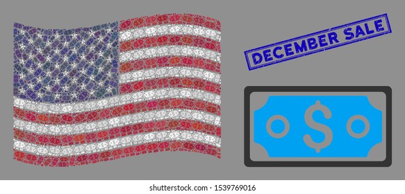 Dollar banknote items are organized into United States flag abstraction with blue rectangle distressed stamp seal of December Sale text.