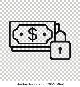 Dollar banknote with lock icon in flat style. Dollar cash safe vector illustration on white isolated background. Banknote bill security business concept.