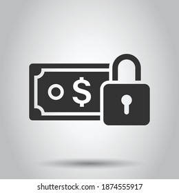 Dollar banknote with lock icon in flat style. Dollar cash safe vector illustration on white isolated background. Banknote bill security business concept.