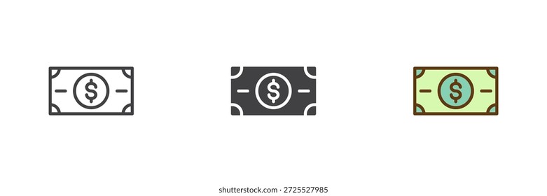 Conjunto de ícones de estilo diferente de dinheiro da nota de dólar. Linha, sólido e preenchido esboço ícone colorido, sinal de vetor e símbolo. Ícone de nota de dólar para pagamento de supermercado, ícone financeiro e de caixa.
