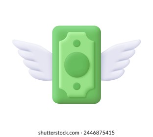 Dollar banknote money with wings. Easy loan or credit, waste of money, financial loss, inflation and lost cash concept. 3d vector icon. Cartoon minimal style.