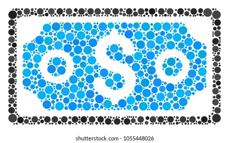 Dollar Banknote mosaic of round dots in different sizes and color tones. Filled circles are united into dollar banknote vector mosaic. Vector illustration.