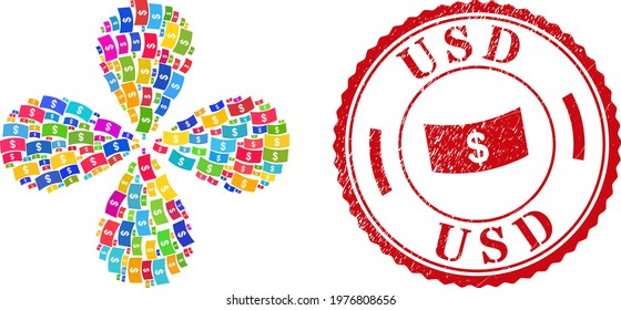 Dollar banknote multi colored swirl flower with four petals, and red round USD textured rubber print. Dollar banknote symbol inside round stamp.