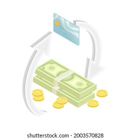 Dollar Banknote with Plastic Card as Financial Accounting and Transaction Isometric Vector Composition
