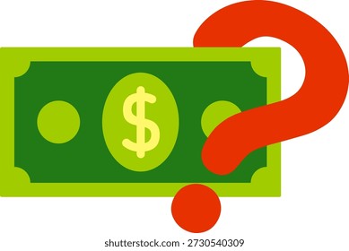 Billete en Dólar con Icono Rojo de Signo de Interrogación, Concepto de Incertidumbre Financiera.
Ilustración plana de un billete verde con un Grande signo de interrogación rojo, que simboliza la incertidumbre, el costo desconocido, las preguntas de Precios y las dudas relacionadas con el dinero.