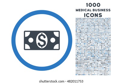 Dollar Banknote rounded vector bicolor icon with 1000 medical business icons. Set style is flat pictograms, smooth blue colors, white background.