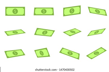 Dollar banknote set. Green falling paper american money banknotes
