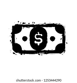 Dollar banknote. Simple icon. Black ink with splashes on white background
