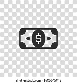 Dollar banknote. Simple icon. Black symbol on transparency grid