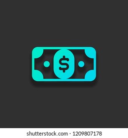 Dollar banknote. Simple icon. Colorful logo concept with soft shadow on dark background. Icon color of azure ocean