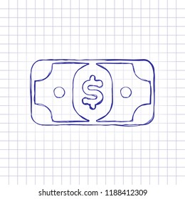 Dollar banknote. Simple icon. Hand drawn picture on paper sheet. Blue ink, outline sketch style. Doodle on checkered background