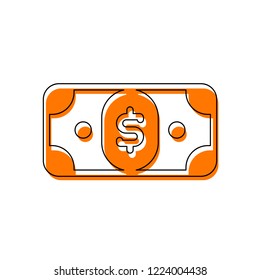 Dollar banknote. Simple icon. Isolated icon consisting of black thin contour and orange moved filling on different layers. White background
