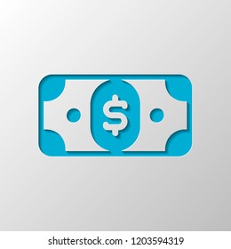 Dollar banknote. Simple icon. Paper design. Cutted symbol with shadow