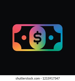 Dollar banknote. Simple icon. Rainbow color and dark background