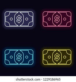 Dollar banknote. Simple icon. Set of neon sign. Casino style on dark background. Seamless pattern
