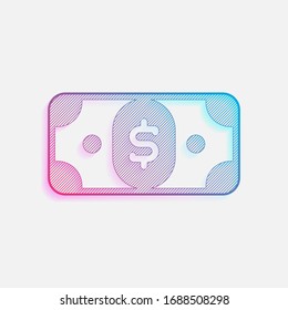 Dollar-Banknote. Einfaches Symbol. Technologie-Logo mit diagonalen Linien und farbigem Farbverlauf. Neongrafik, Lichteffekt. Blau und Rot