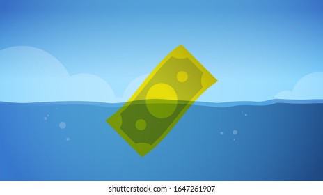 billete en dólares hundiéndose en el agua símbolo mundial de crisis financiera económica símbolo de quiebra empresarial concepto de quiebra ilustración horizontal vectorial