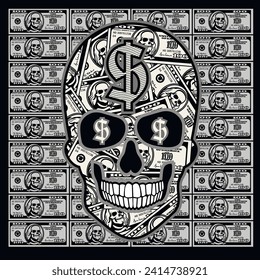 
dollar banknote with skull, grunge vintage design t shirts