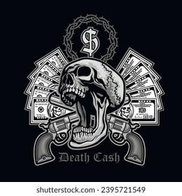 dollar banknote with skull (Hand drawn vector image), grunge vintage design t shirts