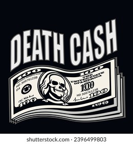
Dollar-Banknote mit Schädel (handgezeichnetes Vektorbild), Grunge-Vintage-Design t-Shirts