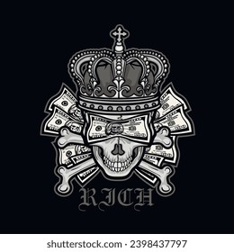 dollar banknote with skull (Hand drawn vector image), grunge vintage design t shirts