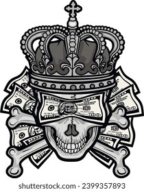dollar banknote with skull (Hand drawn vector image), grunge vintage design t shirts