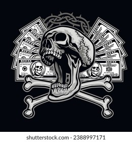 dollar banknote with skull(Hand drawn vector image), grunge vintage design t shirts