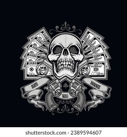 dollar banknote with skull(Hand drawn vector image), grunge vintage design t shirts